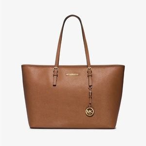 Michael Kors Jet Set Medium Saffiano Leather Top-Zip Tote Bag Tan/Cognac